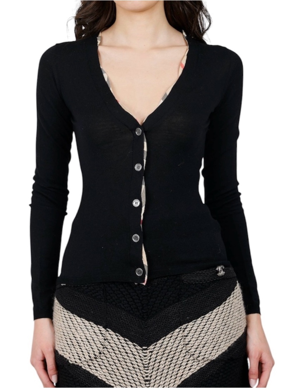 Burberry V-Neck Cardigan with Check Trim